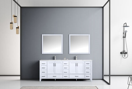 Lexora Jacques 84" - White Double Bathroom Vanity (Options: White Carrara Marble Top, White Square Sinks and 34" Mirrors w/ Faucets) - Lexora - Ambient Home