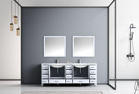 Lexora Jacques 84" - White Double Bathroom Vanity (Options: White Carrara Marble Top, White Square Sinks and 34" Mirrors w/ Faucets) - Lexora - Ambient Home