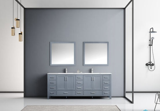 Lexora Jacques 84" - Dark Grey Double Bathroom Vanity (Options: White Carrara Marble Top, White Square Sinks and 34" Mirrors w/ Faucets) - Lexora - Ambient Home