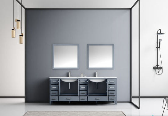 Lexora Jacques 84" - Dark Grey Double Bathroom Vanity (Options: White Carrara Marble Top, White Square Sinks and 34" Mirrors w/ Faucets) - Lexora - Ambient Home