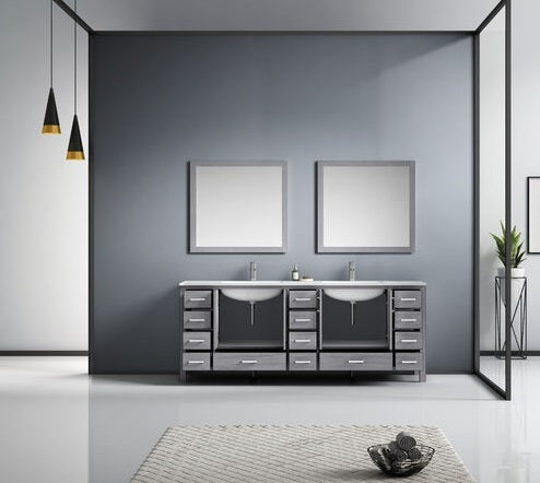 Lexora Jacques 84" - Distressed Grey Double Bathroom Vanity (Options: White Carrara Marble Top, White Square Sinks and 34" Mirrors w/ Faucets) - Lexora - Ambient Home