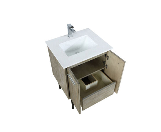 Lexora Lancy 24" Rustic Acacia Bathroom Vanity, White Quartz Top, White Square Sink, and Labaro Brushed Nickel Faucet Set - Lexora - Ambient Home