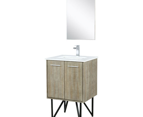 Lexora Lancy 24" Rustic Acacia Bathroom Vanity, White Quartz Top, White Square Sink, Labaro Brushed Nickel Faucet Set, and 18" Frameless Mirror - Lexora - Ambient Home