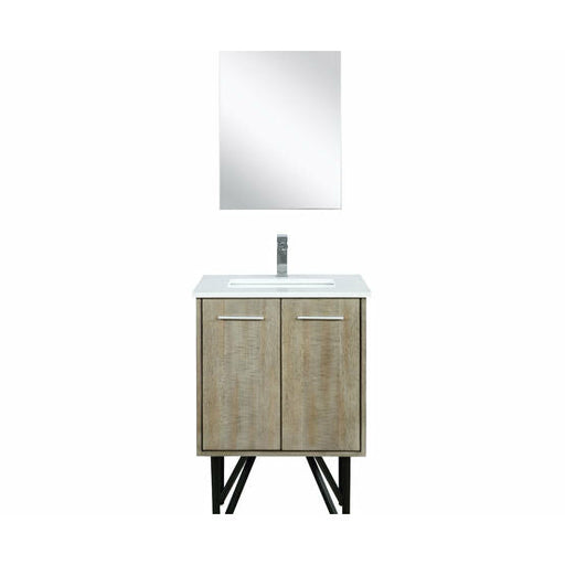 Lexora Lancy 24" Rustic Acacia Bathroom Vanity, White Quartz Top, White Square Sink, Labaro Brushed Nickel Faucet Set, and 18" Frameless Mirror - Lexora - Ambient Home