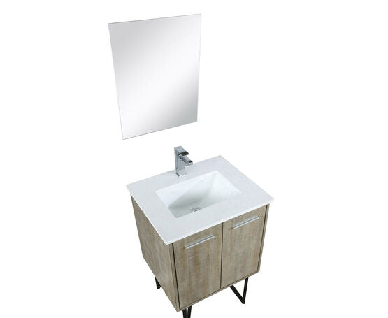 Lexora Lancy 24" Rustic Acacia Bathroom Vanity, White Quartz Top, White Square Sink, Labaro Brushed Nickel Faucet Set, and 18" Frameless Mirror - Lexora - Ambient Home