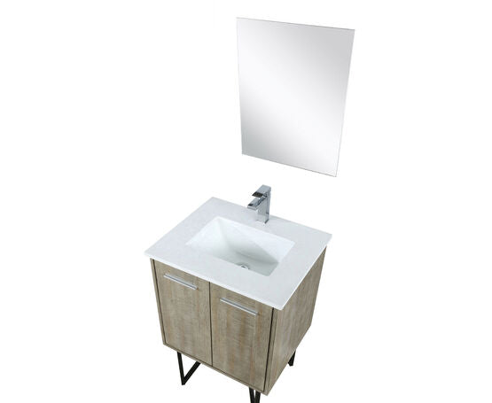 Lexora Lancy 24" Rustic Acacia Bathroom Vanity, White Quartz Top, White Square Sink, Labaro Brushed Nickel Faucet Set, and 18" Frameless Mirror - Lexora - Ambient Home