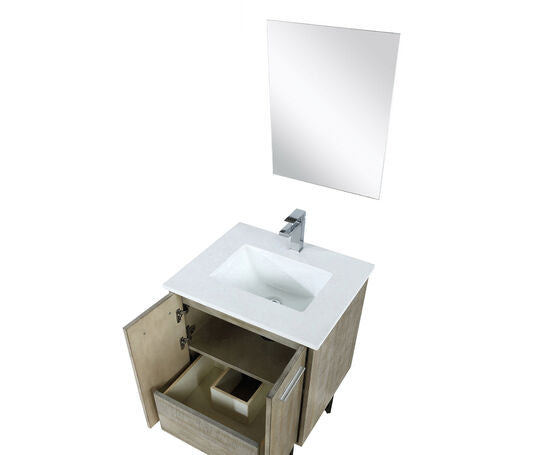 Lexora Lancy 24" Rustic Acacia Bathroom Vanity, White Quartz Top, White Square Sink, Labaro Brushed Nickel Faucet Set, and 18" Frameless Mirror - Lexora - Ambient Home