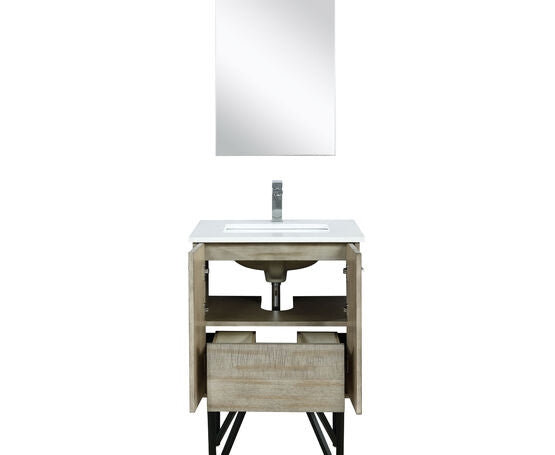 Lexora Lancy 24" Rustic Acacia Bathroom Vanity, White Quartz Top, White Square Sink, Monte Chrome Faucet Set, and 18" Frameless Mirror - Lexora - Ambient Home