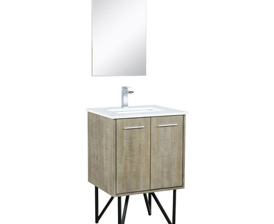 Lexora Lancy 24" Rustic Acacia Bathroom Vanity, White Quartz Top, White Square Sink, Monte Chrome Faucet Set, and 18" Frameless Mirror - Lexora - Ambient Home