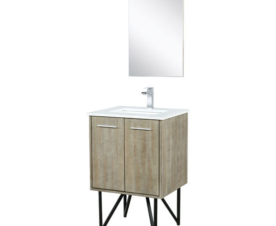 Lexora Lancy 24" Rustic Acacia Bathroom Vanity, White Quartz Top, White Square Sink, Balzani Gun Metal Faucet Set, and 18" Frameless Mirror - Lexora - Ambient Home
