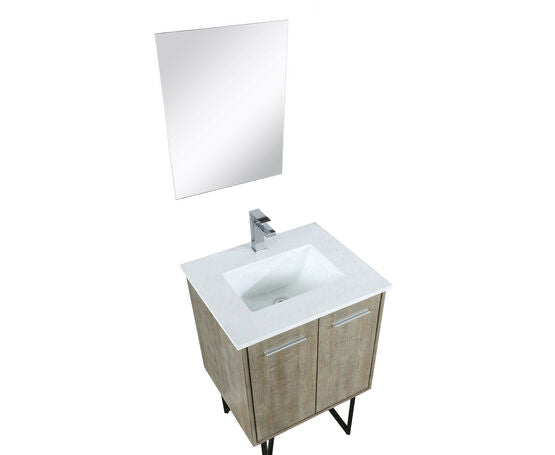 Lexora Lancy 24" Rustic Acacia Bathroom Vanity, White Quartz Top, White Square Sink, Labaro Rose Gold Faucet Set, and 18" Frameless Mirror - Lexora - Ambient Home