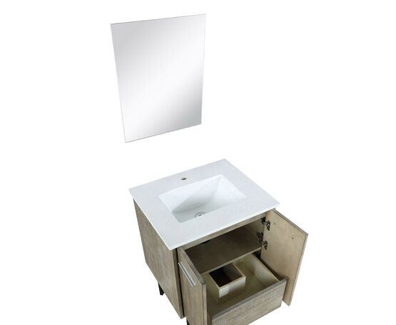 Lexora Lancy 24" Rustic Acacia Bathroom Vanity, White Quartz Top, White Square Sink, and 18" Frameless Mirror - Lexora - Ambient Home