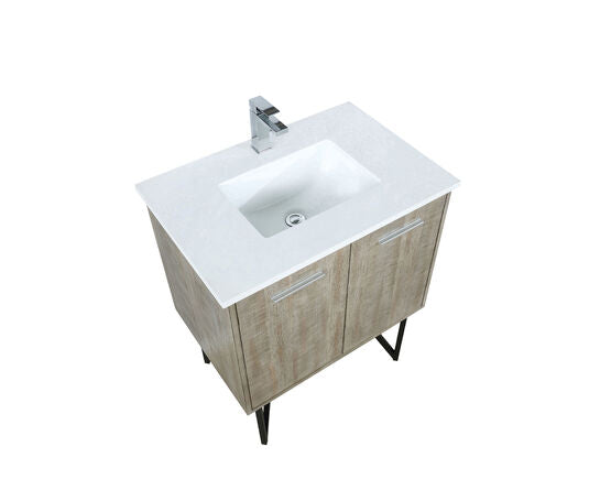 Lexora Lancy 30" Rustic Acacia Bathroom Vanity, White Quartz Top, White Square Sink, and Labaro Brushed Nickel Faucet Set - Lexora - Ambient Home