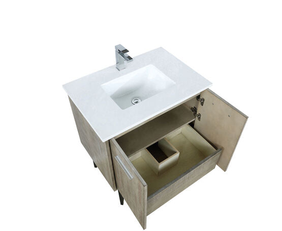 Lexora Lancy 30" Rustic Acacia Bathroom Vanity, White Quartz Top, White Square Sink, and Labaro Brushed Nickel Faucet Set - Lexora - Ambient Home