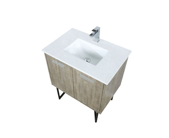 Lexora Lancy 30" Rustic Acacia Bathroom Vanity, White Quartz Top, White Square Sink, and Labaro Brushed Nickel Faucet Set - Lexora - Ambient Home