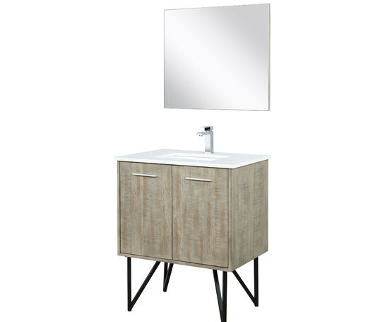 Lexora Lancy 30" Rustic Acacia Bathroom Vanity, White Quartz Top, White Square Sink, Labaro Brushed Nickel Faucet Set, and 28" Frameless Mirror - Lexora - Ambient Home