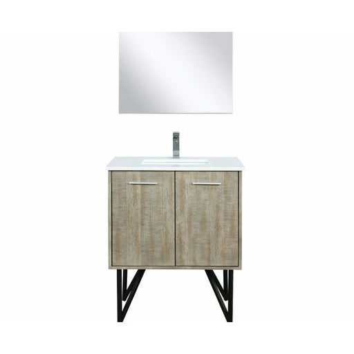 Lexora Lancy 30" Rustic Acacia Bathroom Vanity, White Quartz Top, White Square Sink, Labaro Brushed Nickel Faucet Set, and 28" Frameless Mirror - Lexora - Ambient Home