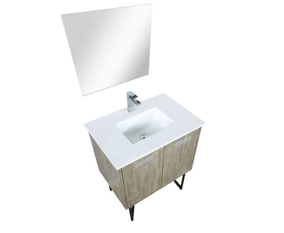 Lexora Lancy 30" Rustic Acacia Bathroom Vanity, White Quartz Top, White Square Sink, Labaro Brushed Nickel Faucet Set, and 28" Frameless Mirror - Lexora - Ambient Home