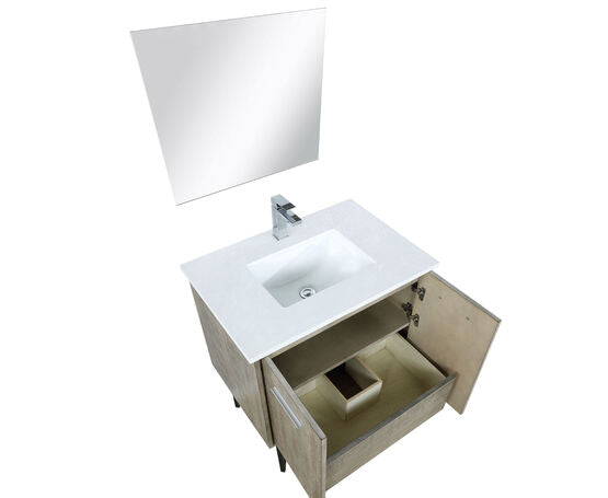Lexora Lancy 30" Rustic Acacia Bathroom Vanity, White Quartz Top, White Square Sink, Labaro Brushed Nickel Faucet Set, and 28" Frameless Mirror - Lexora - Ambient Home