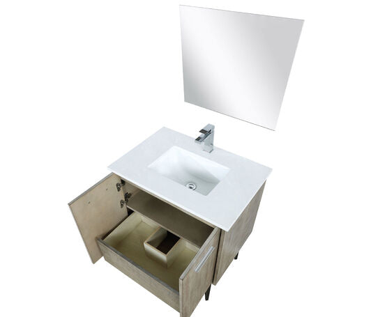 Lexora Lancy 30" Rustic Acacia Bathroom Vanity, White Quartz Top, White Square Sink, Labaro Brushed Nickel Faucet Set, and 28" Frameless Mirror - Lexora - Ambient Home