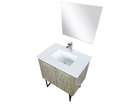 Lexora Lancy 30" Rustic Acacia Bathroom Vanity, White Quartz Top, White Square Sink, Monte Chrome Faucet Set, and 28" Frameless Mirror - Lexora - Ambient Home
