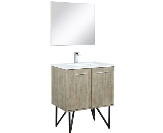 Lexora Lancy 30" Rustic Acacia Bathroom Vanity, White Quartz Top, White Square Sink, Balzani Gun Metal Faucet Set, and 28" Frameless Mirror - Lexora - Ambient Home