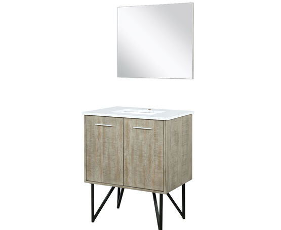Lexora Lancy 30" Rustic Acacia Bathroom Vanity, White Quartz Top, White Square Sink, and 28" Frameless Mirror - Lexora - Ambient Home