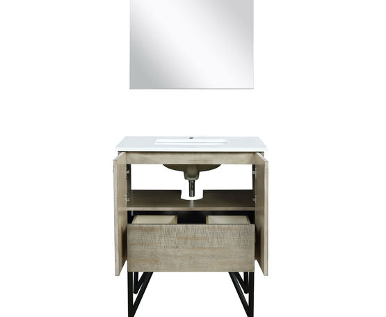 Lexora Lancy 30" Rustic Acacia Bathroom Vanity, White Quartz Top, White Square Sink, and 28" Frameless Mirror - Lexora - Ambient Home