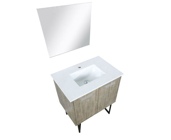 Lexora Lancy 30" Rustic Acacia Bathroom Vanity, White Quartz Top, White Square Sink, and 28" Frameless Mirror - Lexora - Ambient Home