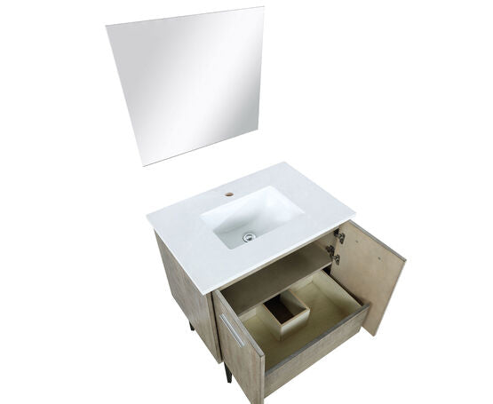 Lexora Lancy 30" Rustic Acacia Bathroom Vanity, White Quartz Top, White Square Sink, and 28" Frameless Mirror - Lexora - Ambient Home