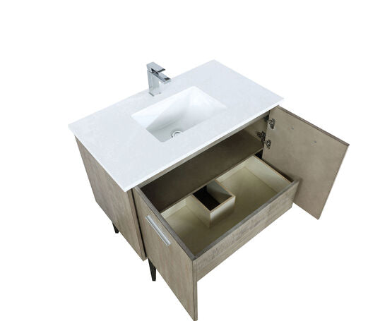 Lexora Lancy 36" Rustic Acacia Bathroom Vanity, White Quartz Top, White Square Sink, and Labaro Brushed Nickel Faucet Set - Lexora - Ambient Home