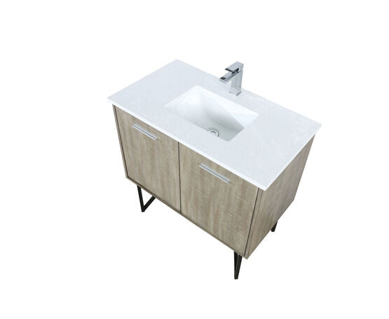 Lexora Lancy 36" Rustic Acacia Bathroom Vanity, White Quartz Top, White Square Sink, and Labaro Brushed Nickel Faucet Set - Lexora - Ambient Home