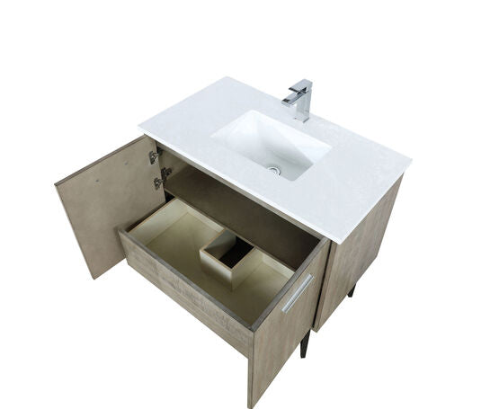 Lexora Lancy 36" Rustic Acacia Bathroom Vanity, White Quartz Top, White Square Sink, and Labaro Brushed Nickel Faucet Set - Lexora - Ambient Home