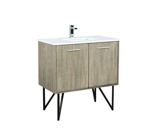 Lexora Lancy 36" Rustic Acacia Bathroom Vanity, White Quartz Top, White Square Sink, and Labaro Brushed Nickel Faucet Set - Lexora - Ambient Home