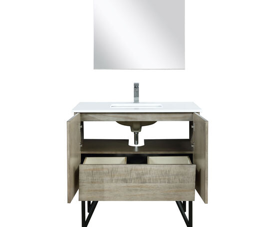 Lexora Lancy 36" Rustic Acacia Bathroom Vanity, White Quartz Top, White Square Sink, Labaro Brushed Nickel Faucet Set, and 28" Frameless Mirror - Lexora - Ambient Home