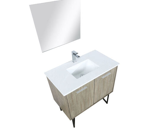 Lexora Lancy 36" Rustic Acacia Bathroom Vanity, White Quartz Top, White Square Sink, Labaro Brushed Nickel Faucet Set, and 28" Frameless Mirror - Lexora - Ambient Home