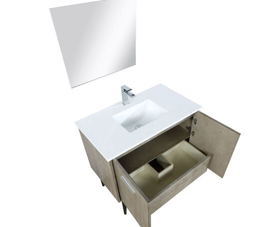 Lexora Lancy 36" Rustic Acacia Bathroom Vanity, White Quartz Top, White Square Sink, Labaro Brushed Nickel Faucet Set, and 28" Frameless Mirror - Lexora - Ambient Home