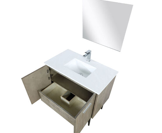 Lexora Lancy 36" Rustic Acacia Bathroom Vanity, White Quartz Top, White Square Sink, Labaro Brushed Nickel Faucet Set, and 28" Frameless Mirror - Lexora - Ambient Home