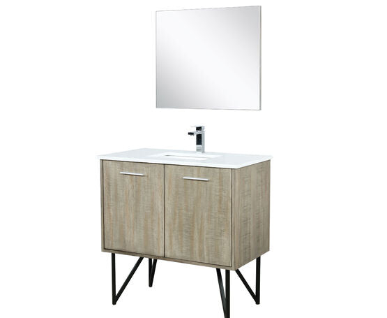 Lexora Lancy 36" Rustic Acacia Bathroom Vanity, White Quartz Top, White Square Sink, Monte Chrome Faucet Set, and 28" Frameless Mirror - Lexora - Ambient Home