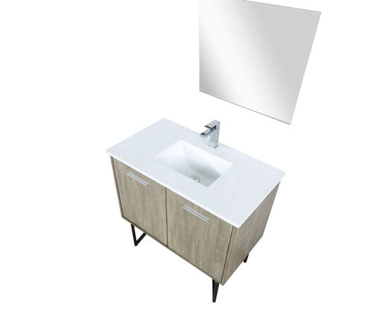 Lexora Lancy 36" Rustic Acacia Bathroom Vanity, White Quartz Top, White Square Sink, Monte Chrome Faucet Set, and 28" Frameless Mirror - Lexora - Ambient Home