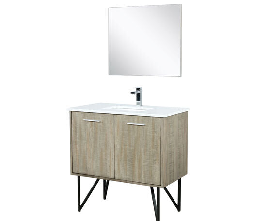 Lexora Lancy 36" Rustic Acacia Bathroom Vanity, White Quartz Top, White Square Sink, Balzani Gun Metal Faucet Set, and 28" Frameless Mirror - Lexora - Ambient Home