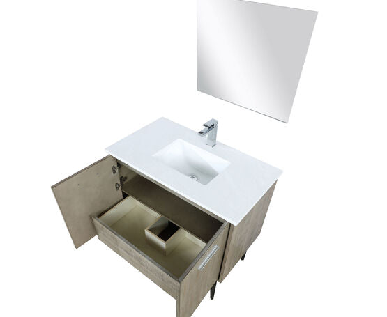 Lexora Lancy 36" Rustic Acacia Bathroom Vanity, White Quartz Top, White Square Sink, Labaro Rose Gold Faucet Set, and 28" Frameless Mirror - Lexora - Ambient Home