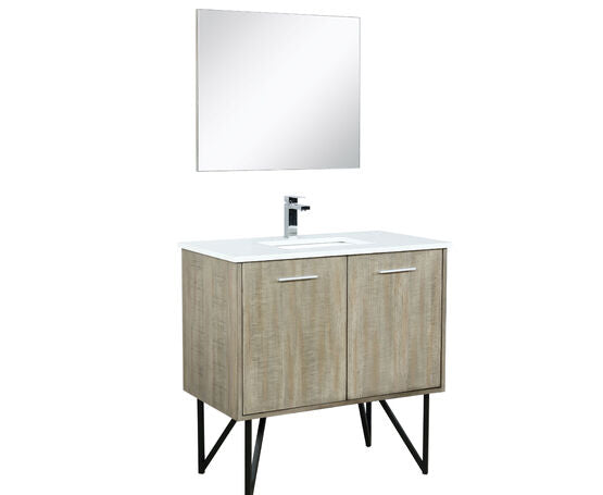 Lexora Lancy 36" Rustic Acacia Bathroom Vanity, White Quartz Top, White Square Sink, Labaro Rose Gold Faucet Set, and 28" Frameless Mirror - Lexora - Ambient Home