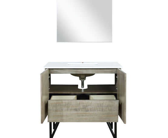 Lexora Lancy 36" Rustic Acacia Bathroom Vanity, White Quartz Top, White Square Sink, and 28" Frameless Mirror - Lexora - Ambient Home