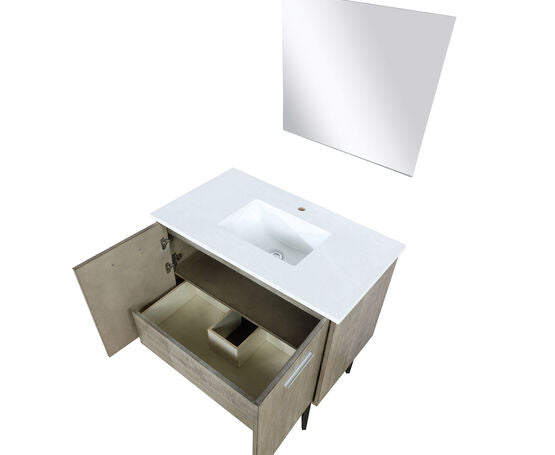 Lexora Lancy 36" Rustic Acacia Bathroom Vanity, White Quartz Top, White Square Sink, and 28" Frameless Mirror - Lexora - Ambient Home