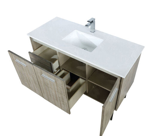 Lexora Lancy 48" Rustic Acacia Bathroom Vanity, White Quartz Top, White Square Sink, and Labaro Brushed Nickel Faucet Set - Lexora - Ambient Home