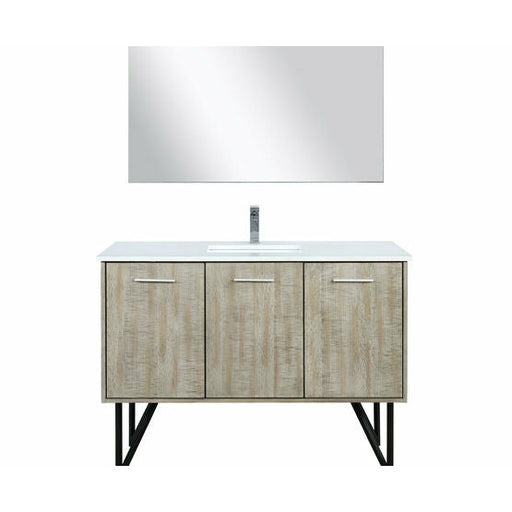 Lexora Lancy 48" Rustic Acacia Bathroom Vanity, White Quartz Top, White Square Sink, Labaro Brushed Nickel Faucet Set, and 43" Frameless Mirror - Lexora - Ambient Home