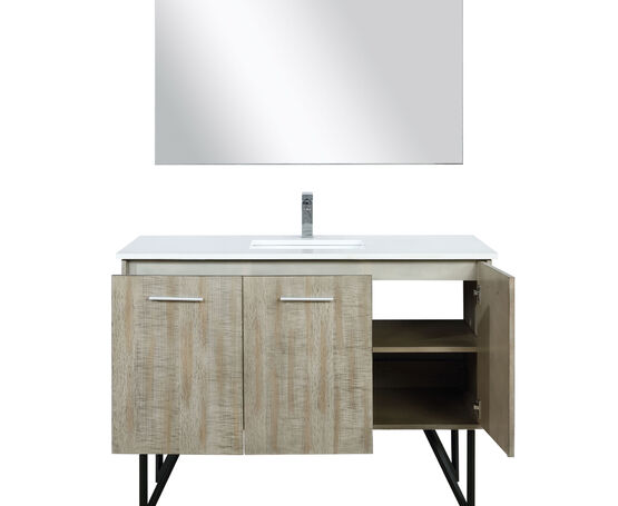 Lexora Lancy 48" Rustic Acacia Bathroom Vanity, White Quartz Top, White Square Sink, Labaro Brushed Nickel Faucet Set, and 43" Frameless Mirror - Lexora - Ambient Home