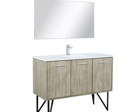 Lexora Lancy 48" Rustic Acacia Bathroom Vanity, White Quartz Top, White Square Sink, Labaro Brushed Nickel Faucet Set, and 43" Frameless Mirror - Lexora - Ambient Home