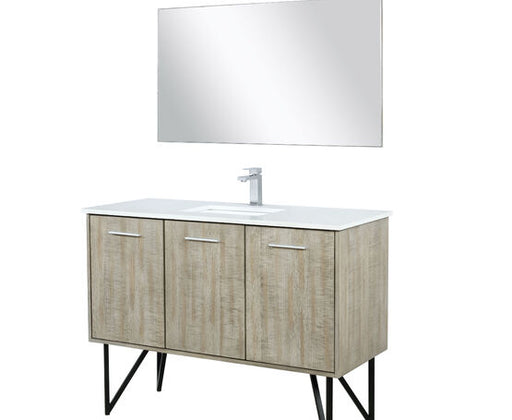 Lexora Lancy 48" Rustic Acacia Bathroom Vanity, White Quartz Top, White Square Sink, Monte Chrome Faucet Set, and 43" Frameless Mirror - Lexora - Ambient Home